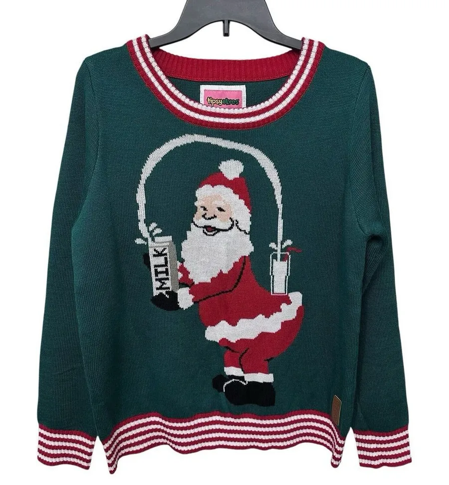 Tipsy Elves Ugly Christmas Sweater Santa Pouring Milk Size Large Green Red