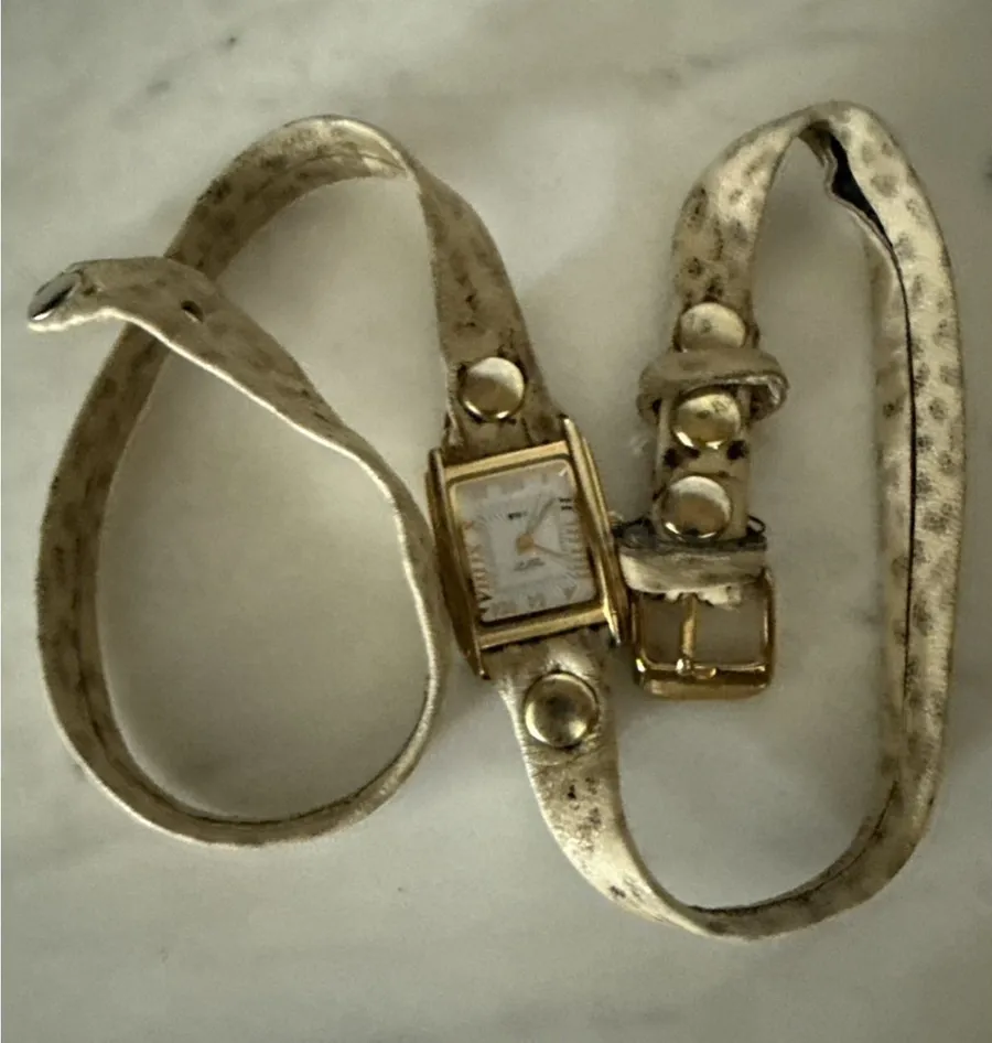 LA MER Snake Print LEATHER GOLD Rectangle BALI STUDS WRAP WATCH