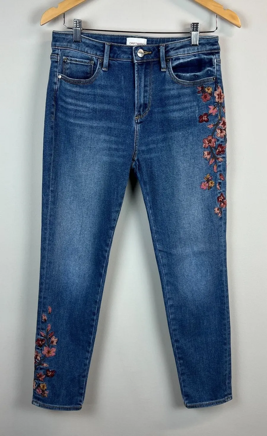 Driftwood Jackie Floral Embroidered High Rise Skinny Jeans Womens 28 Blue Ankle
