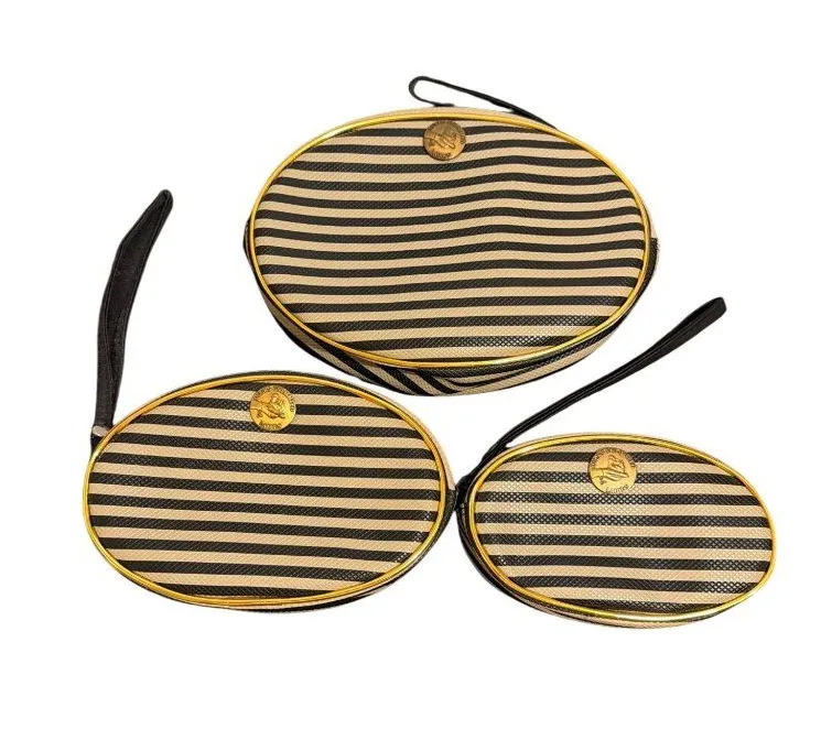 Ducks Unlimited Striped Oval Cosmetic Bags Set Of 3 Wrist Straps Nesting NWOT Black