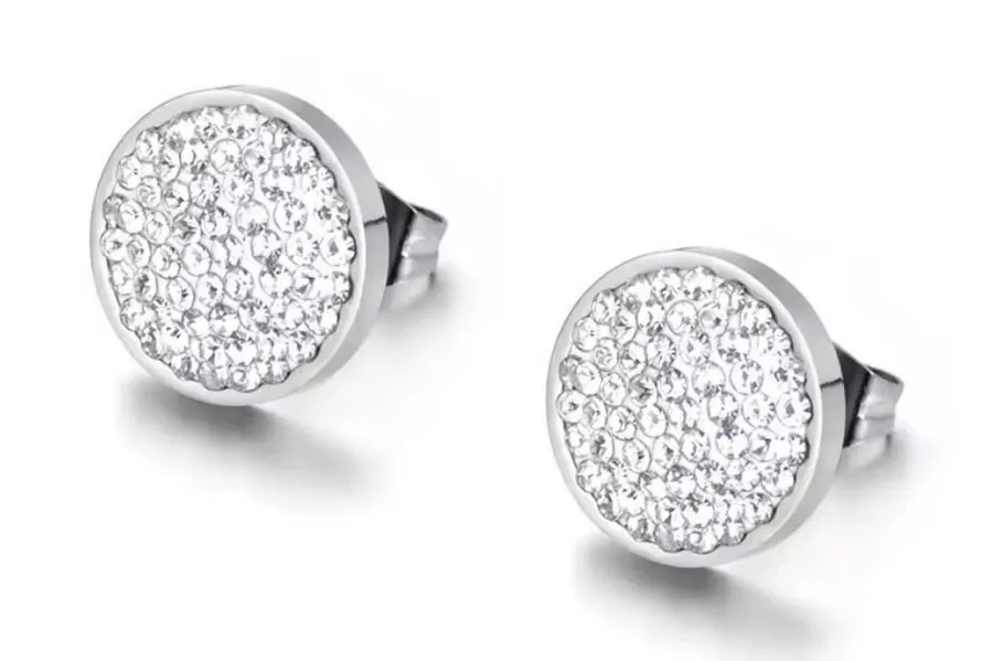 NEW Sparkling Iced Crystal Round Stud Earrings Silver Plated Stainless