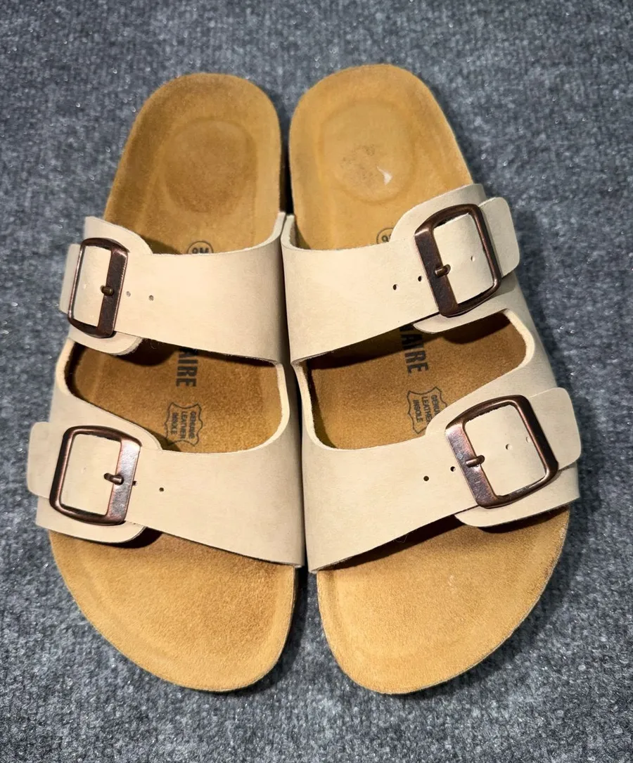Women’s Double-Buckle Leather Slide Sandals in Beige