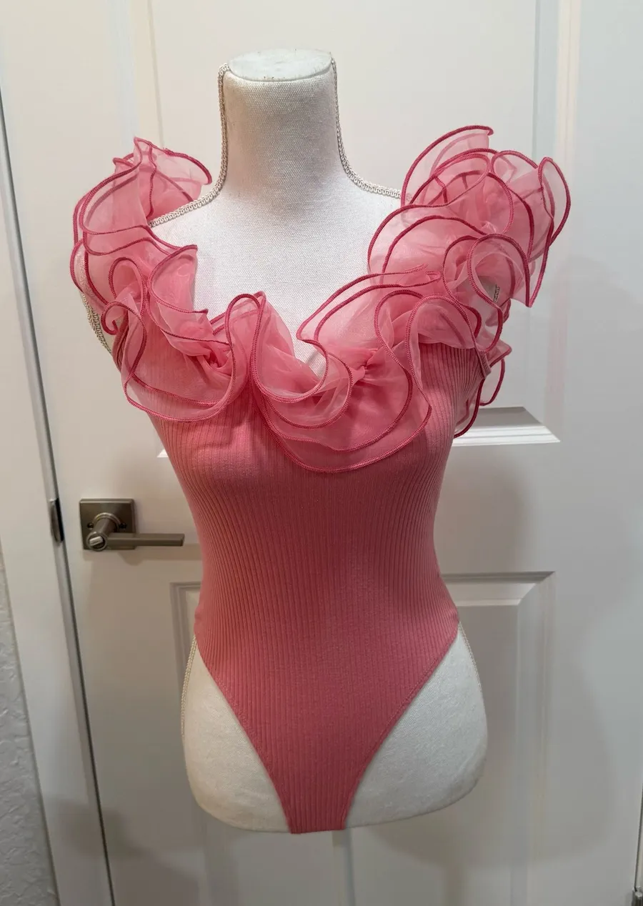 Jealous Tomato Pink Organza Trimmed Ribbed Cotton Sleeveless Bodysuit Size Med