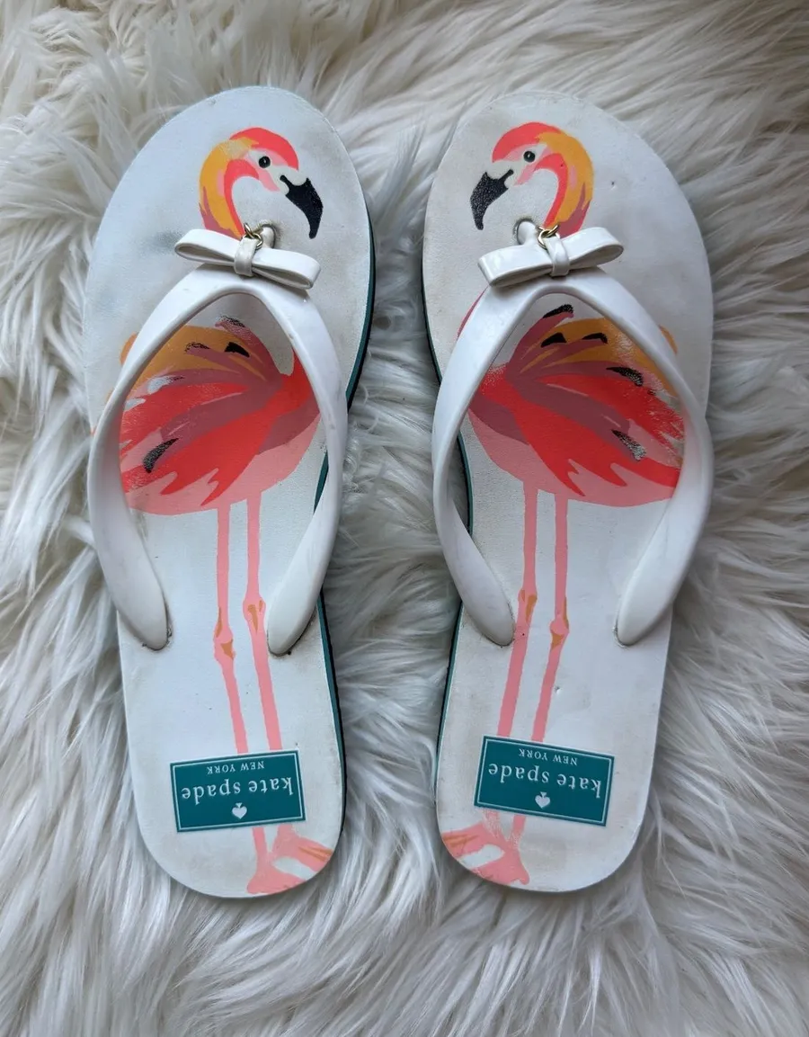 Kate Spade White Flamingo Print Flip Flops Size US 8M