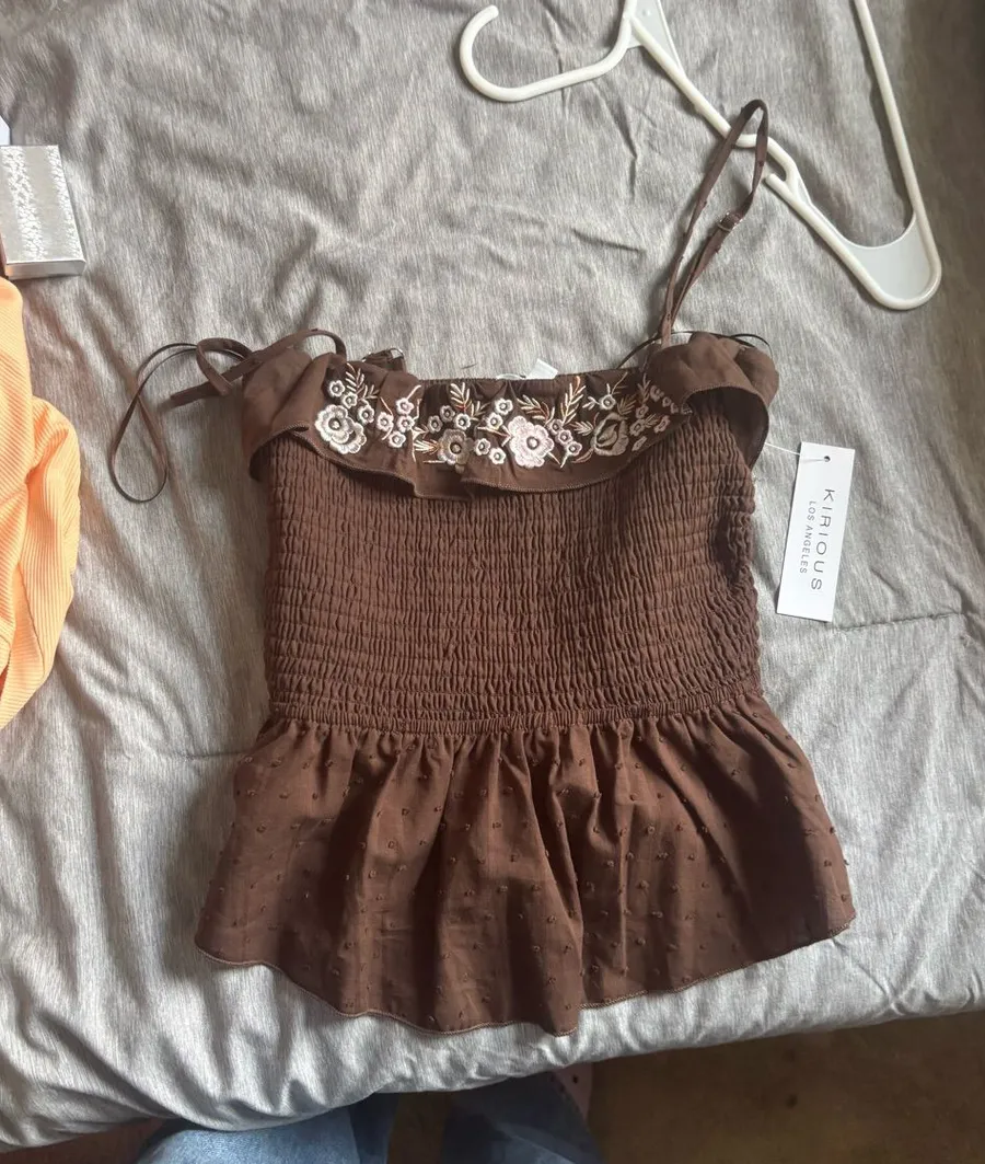 Brown Embroidered Smocked Peplum Tank Top Size M