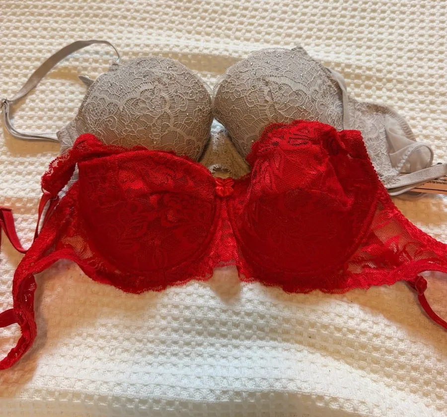 Victoria's Secret Red Lace Balconette Bra with Gray Lace Bra Duo