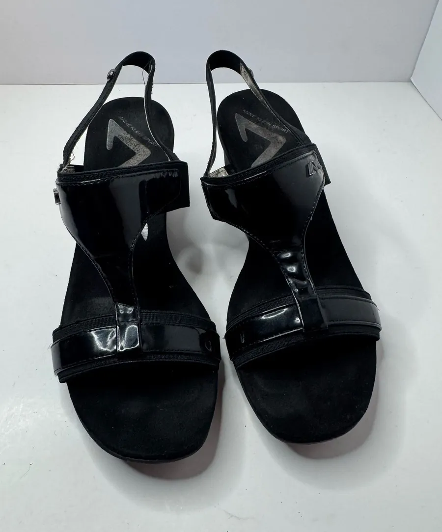 Anne Klein Sport Eadan Black Fabric Wedge Sandals Women's Size 7.5M