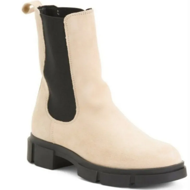 Cruza Tendência Chelsea Boots Women 38 Beige Suede Lug Sole Tall Shaft Tan Size 7.5