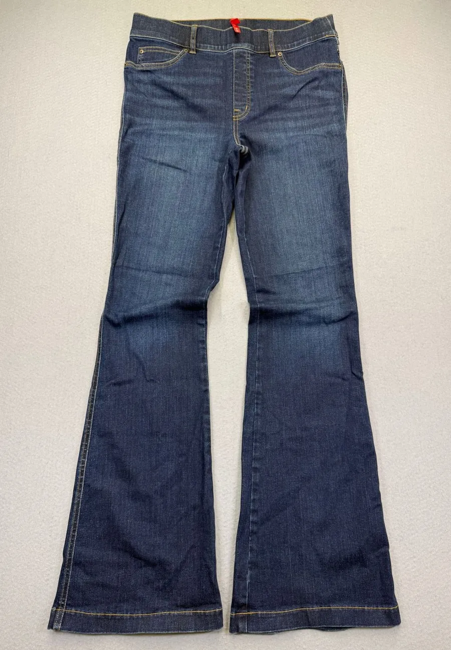 Spanx Womens Flare Jeans Dark Wash Blue Pull On Stretch Denim Size Large L/G