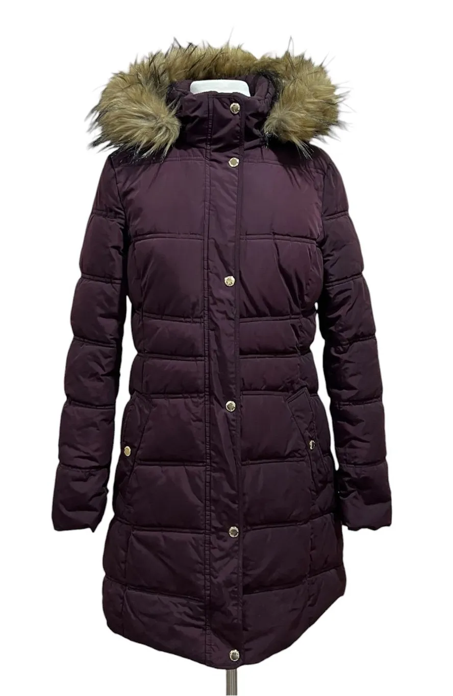 Tommy Hilfiger Burgundy Puffer Jacket with Faux Fur Trim Size Small