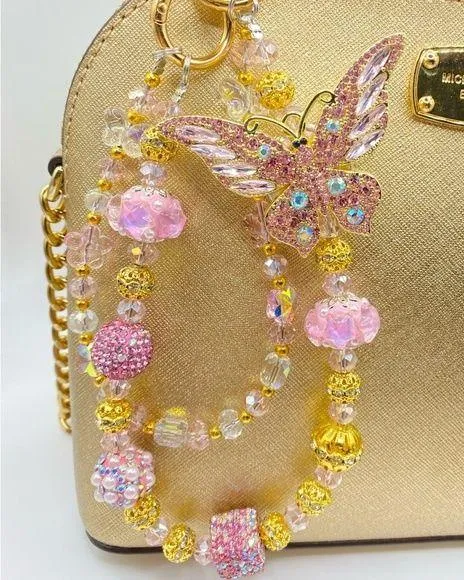 🩷 Luxury Bag/Phone Chain Charm/Keychain Pretty Light Pink Rhinestone Butterfly