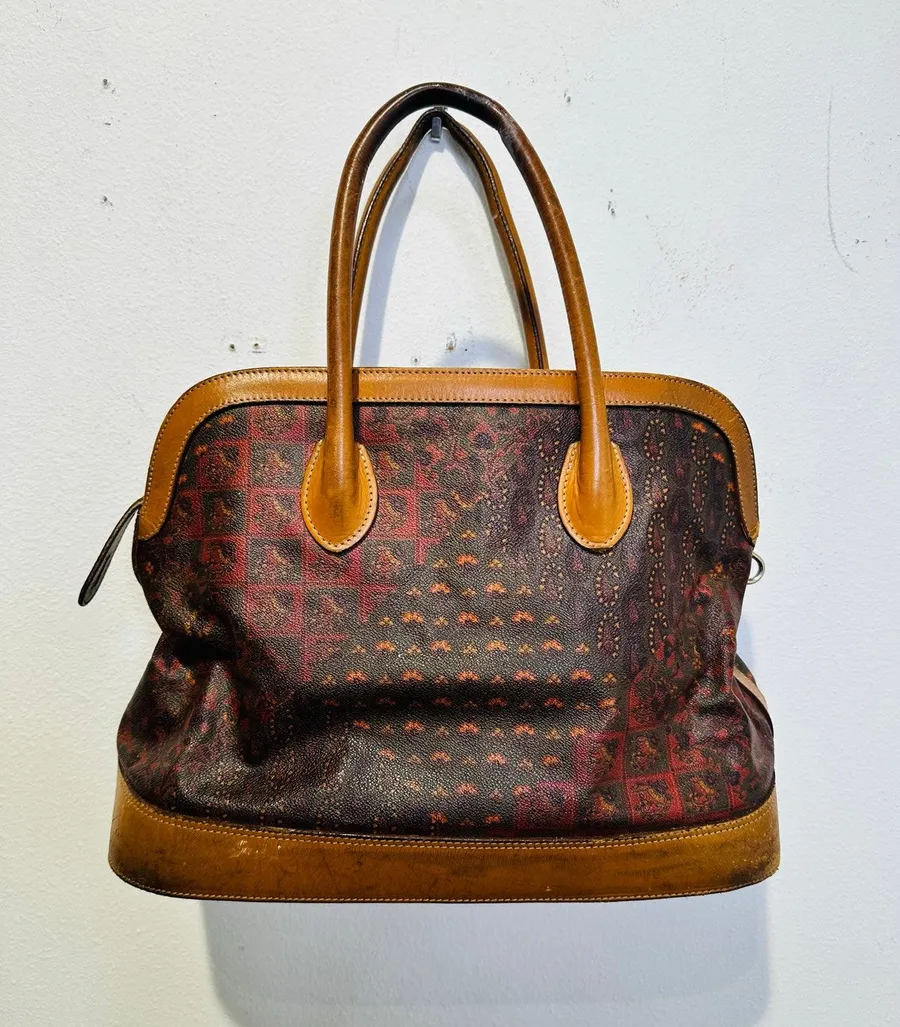 Vintage ESCADA Paisley Print Dome Leather Hard Shell Travel Set Handbag Purse Brown
