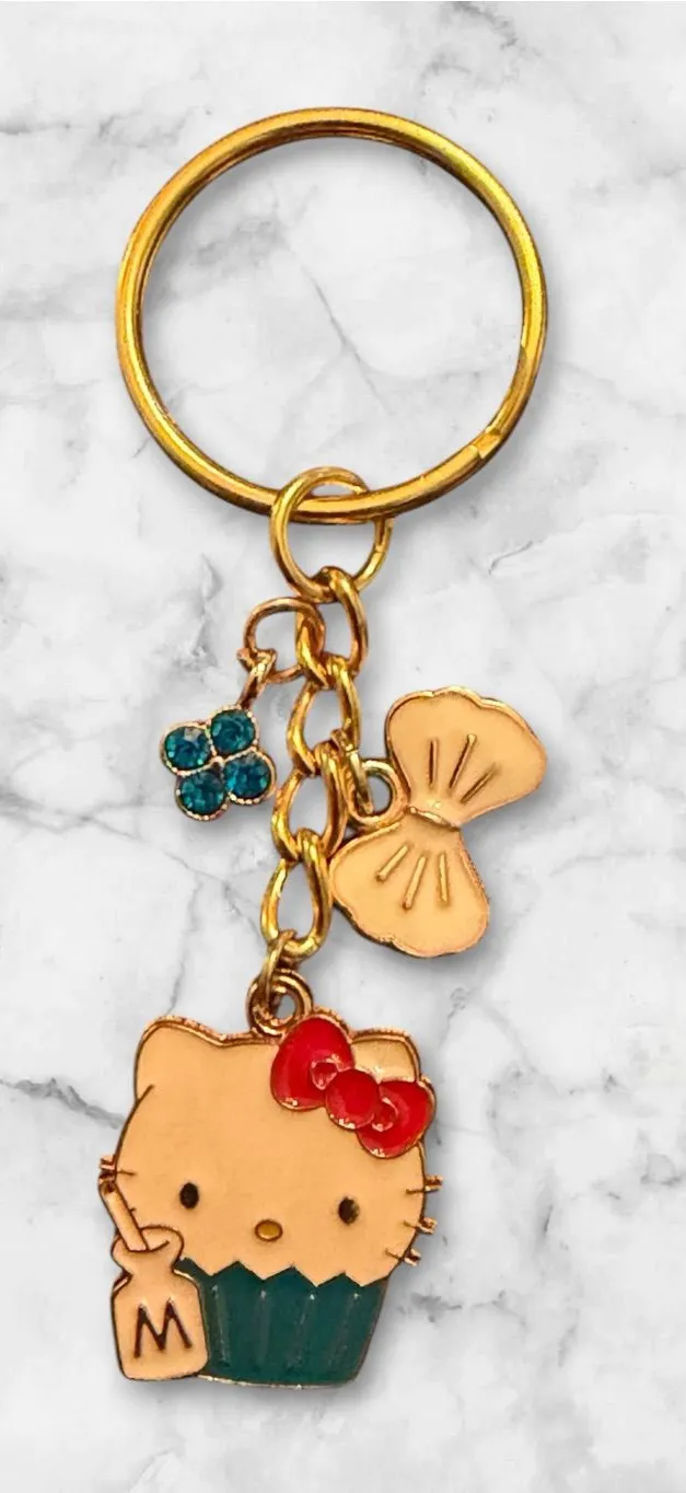 Gold Tone Kitty Cupcake Keychain with Red Bow
