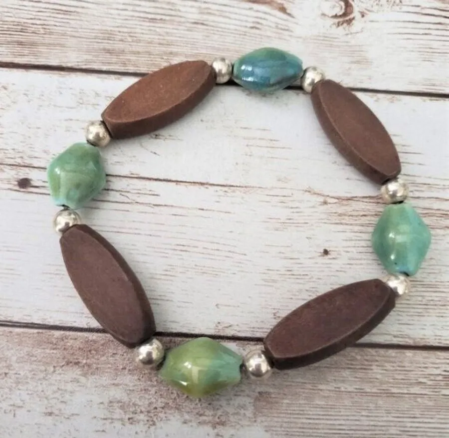 Vintage Stretch Bracelet Green & Brown Tones