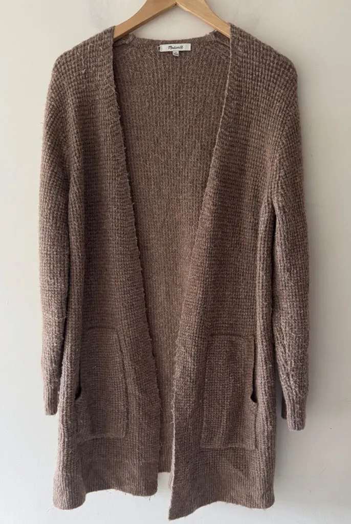 Madewell Wafflestitch Brown Open Cardigan Sweater Alpaca and Merino Wool Cozy