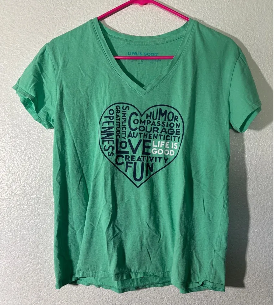 Life is Good Womens Size S Green Sleep T-Shirt V-Neck Short Sleeve Inspirational