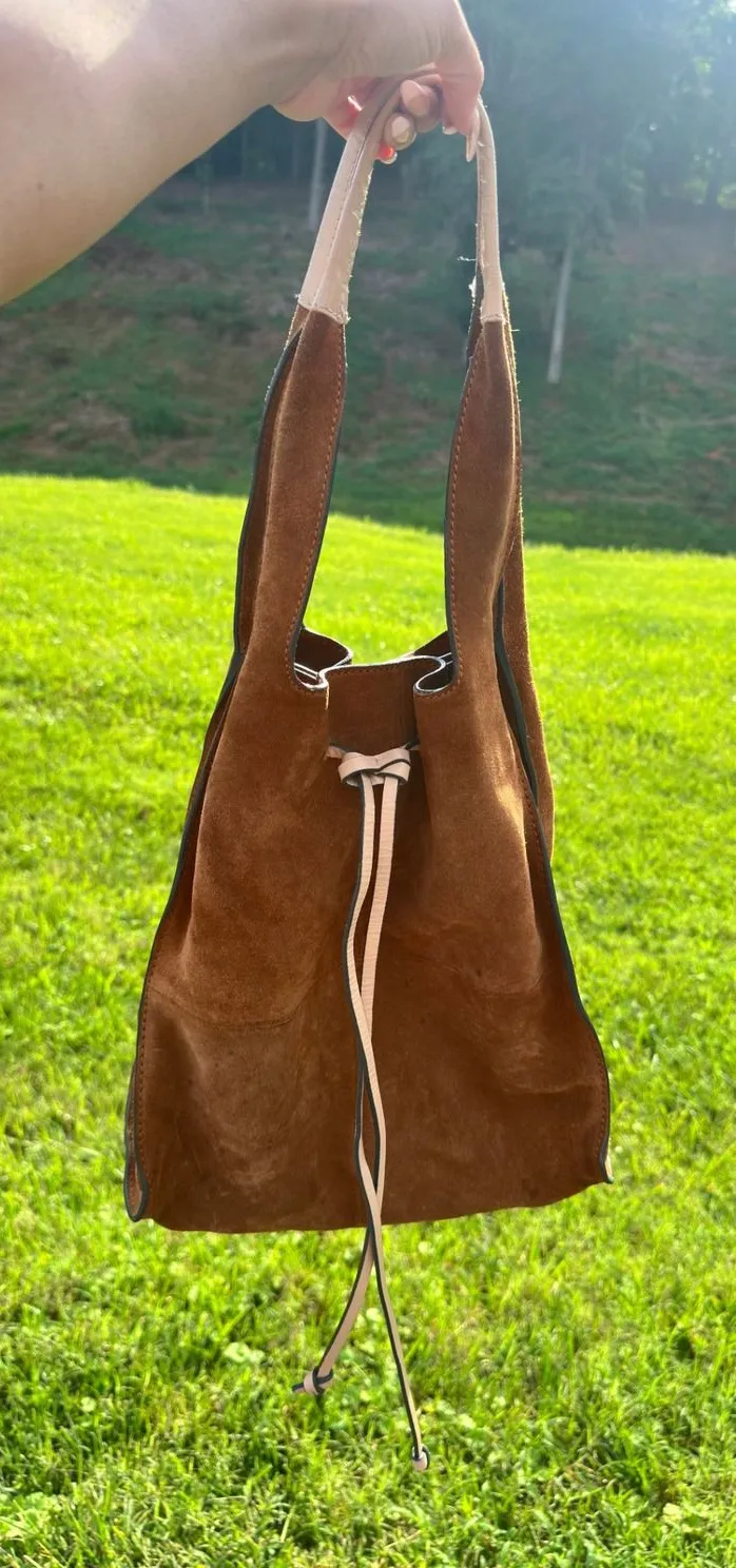 Clarks Brown Suede Leather Bucket Bag Drawstring Hobo Tote Tan Handle