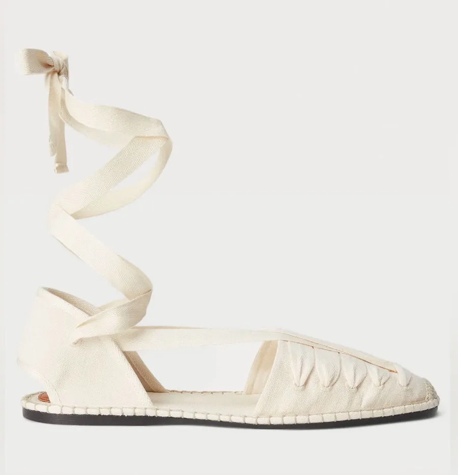 Polo Ralph Lauren Woven Canvas Ankle-Tie Espadrille Flats - Ivory SIZE 6.5