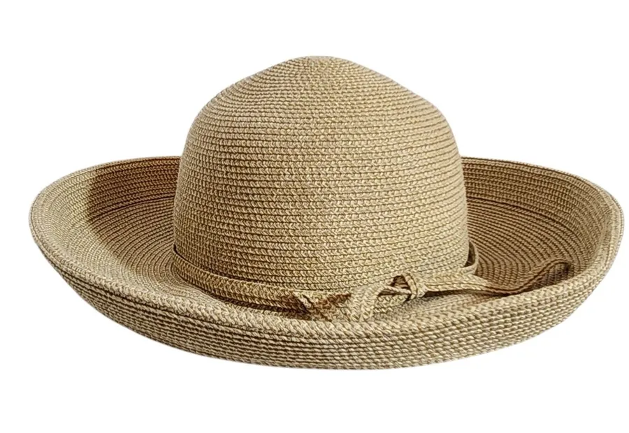 Womens Natural Beige Woven Straw Sun Hat with Tie Detail Tan