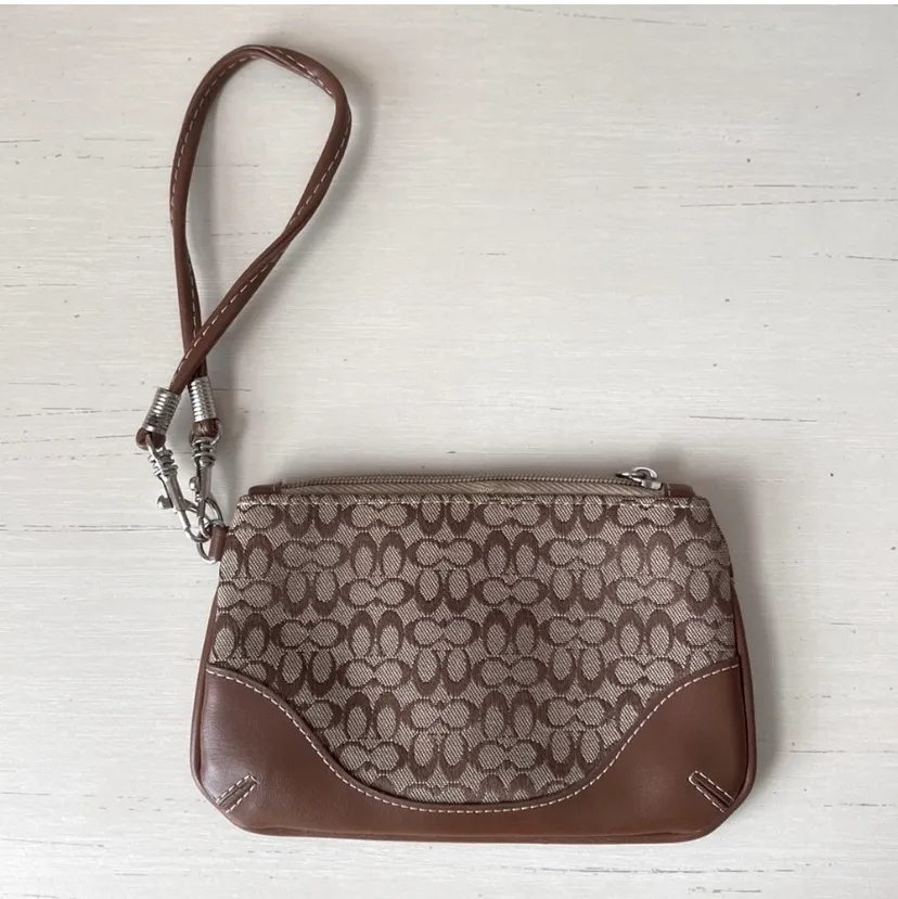 Y2k tan monogrammed leather trim wristlet wallet