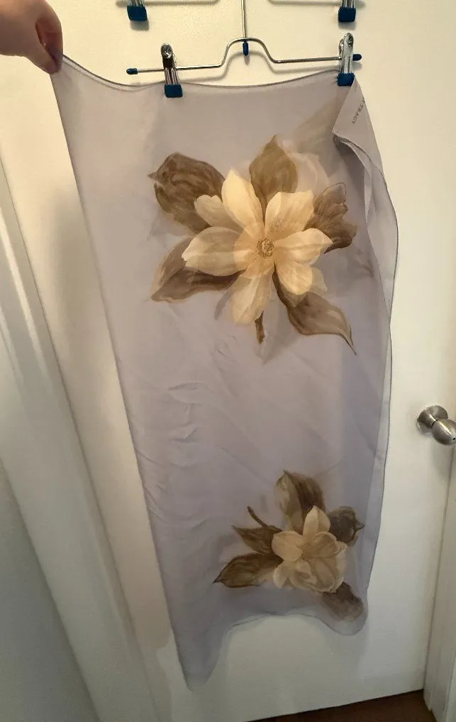 Ellen Tracy Magnolia Silk Chiffon Scarf | Blue Gray Moire Floral | 42x42