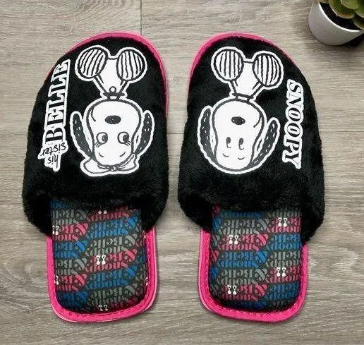 belle snoopy peanuts fluffy home slippers Black Size 6.5