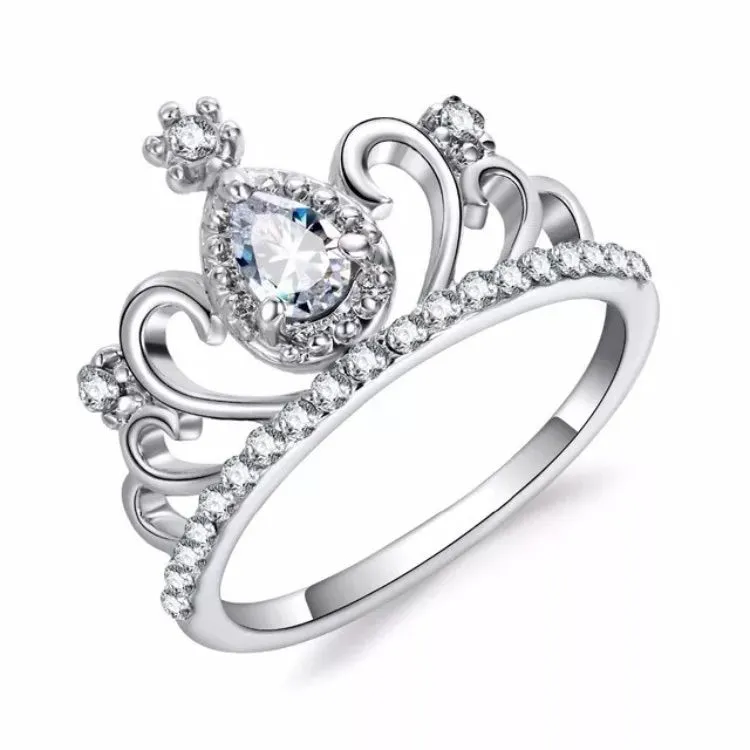 White Crystal Silver Crown Ring
