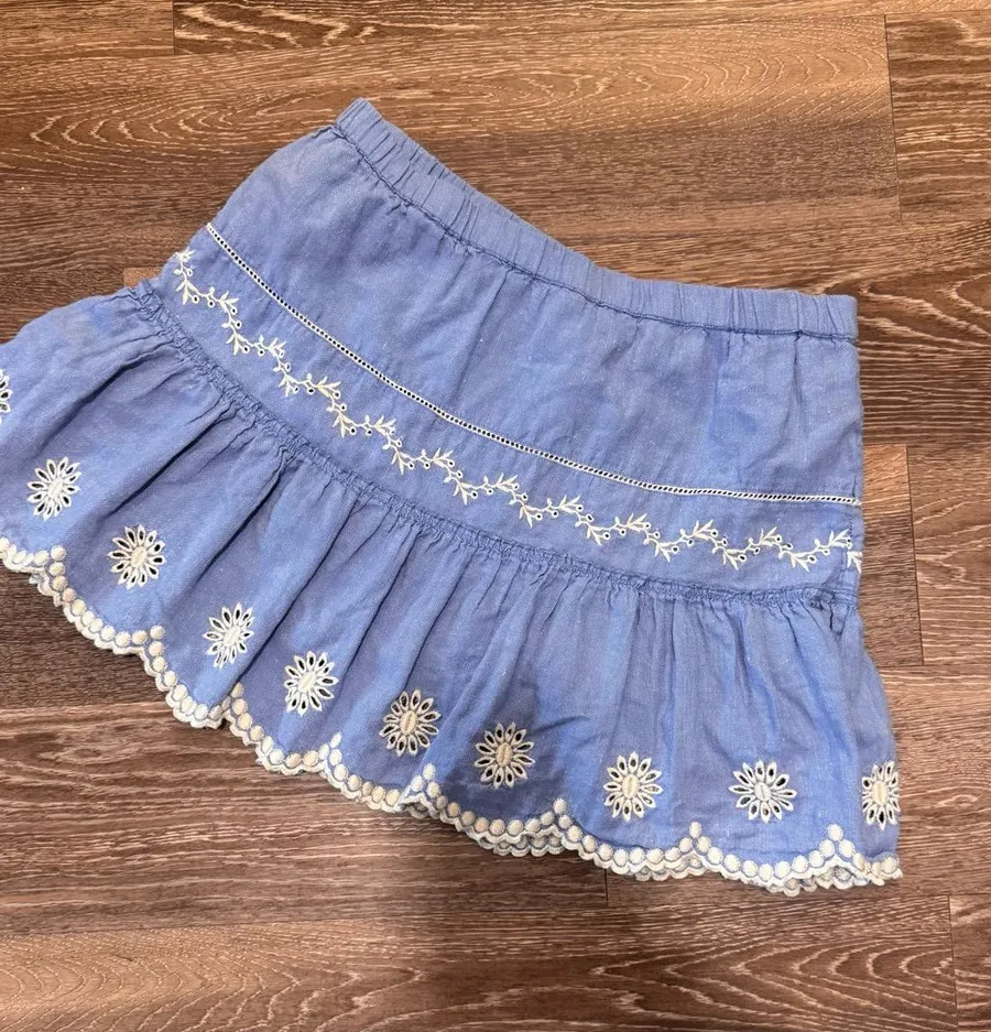 LoveShackFancy Light Blue Embroidered Ruffle Mini Skirt