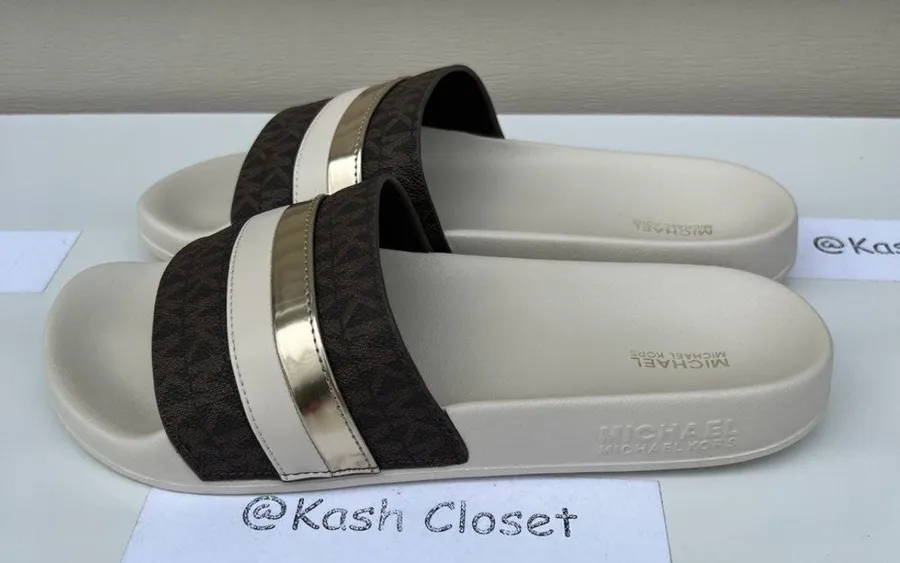 Michael Kors Cream Brandy Metallic Striped Logo Slide Sandal
