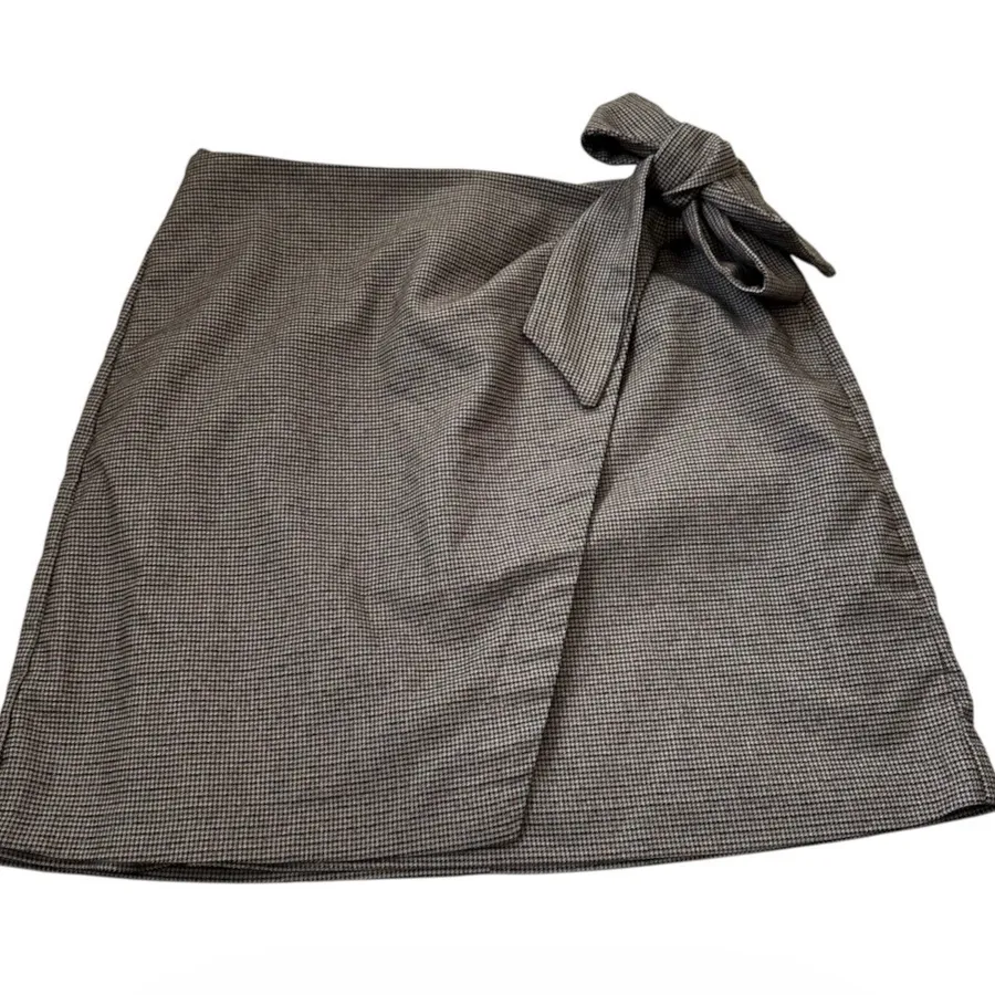 Rachel Zoe Houndstooth Wrap Mini Skirt Brown Black Tie Waist Size 6 | 0150