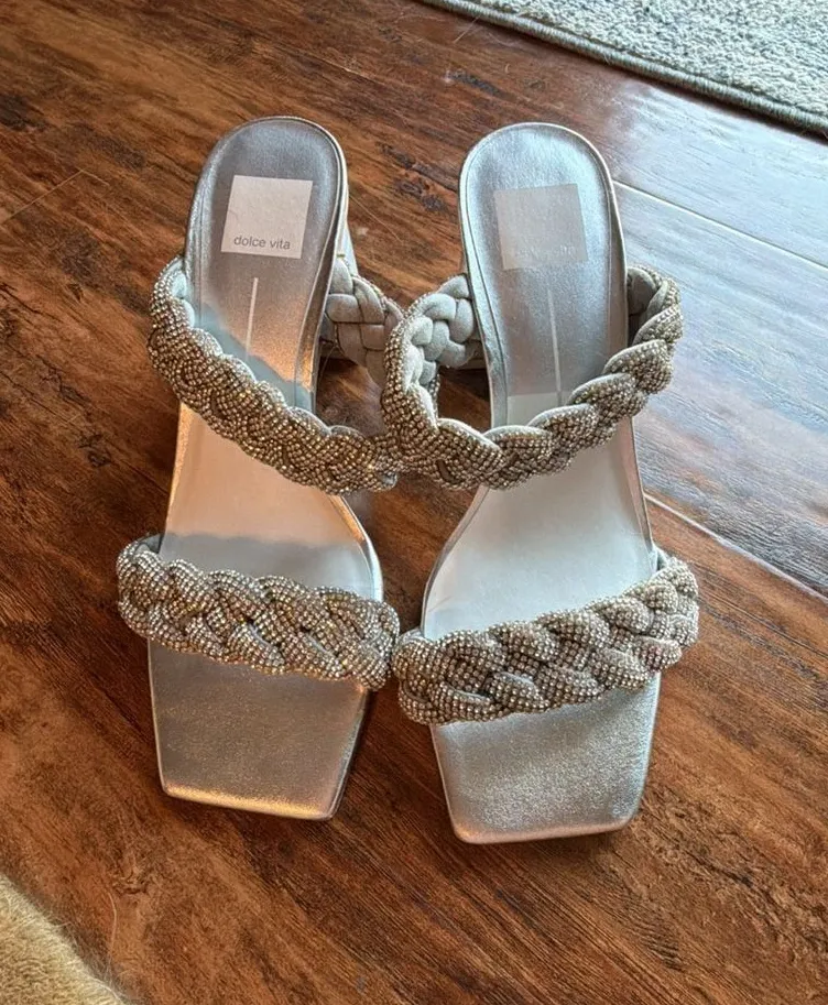 Dolce Vita Women's Paily Braided Chunky Heel Sandals Silver Rhinestone Size 8.5