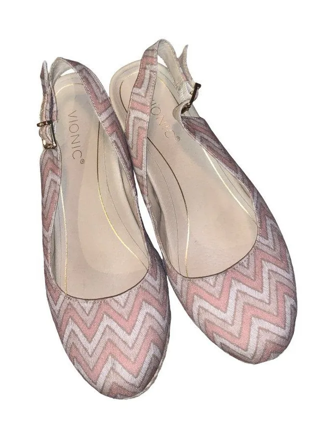 Vionic Coralina espadrille slingback wedge sandals in a dusty pink chevron sz 11