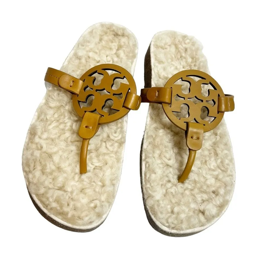 Tory Burch Miller shearling cloud sandal Caramel Corn Buttermilk Sz 8