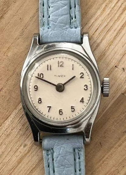 Timex Ladies Watch Vintage Mechanical Winding New Blue Strap White Round Dial
