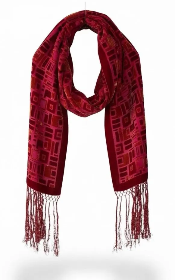 Whimsigoth Red Velvet Burnout Scarf Fringe Gothic Art Deco Long Wrap 9.5Wx76H