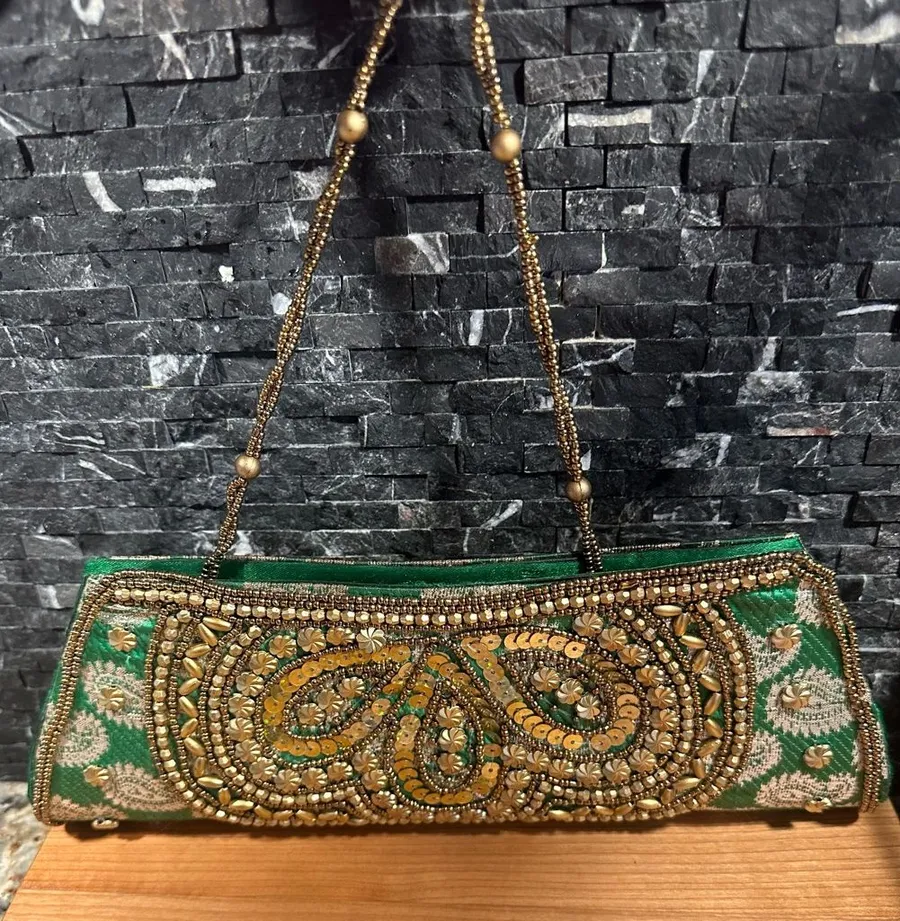 Evening Bag Beaded Sequin Clutch India Purse Green Gold Prom Formal