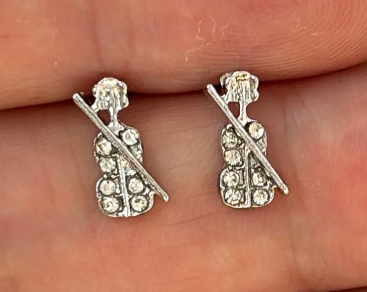 Small CZ Violin Stud Earrings for Men Women Streetwear Hip Hop Punk Unisex Earrings Silver