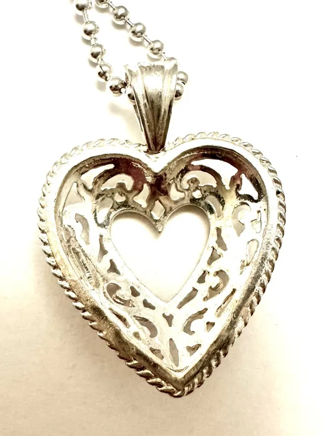Filigree Heart Pendant With 16 Inch Bead Chain 925 Silver
