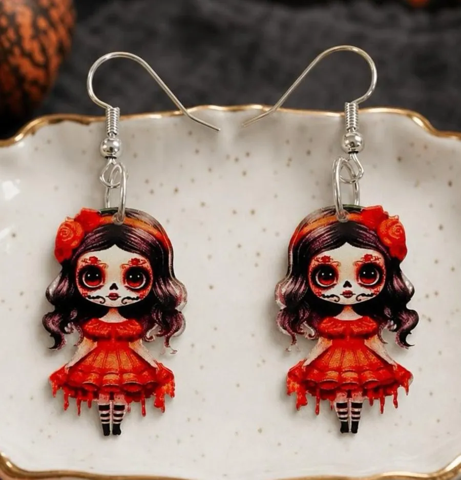 New Day of the Dead Sugar Skull Doll Acrylic Dangle Earrings