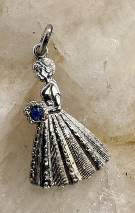 Vintage Sterling Silver Bride Bouquet Charm Blue Glass Stone Dress Pendant 1.8g