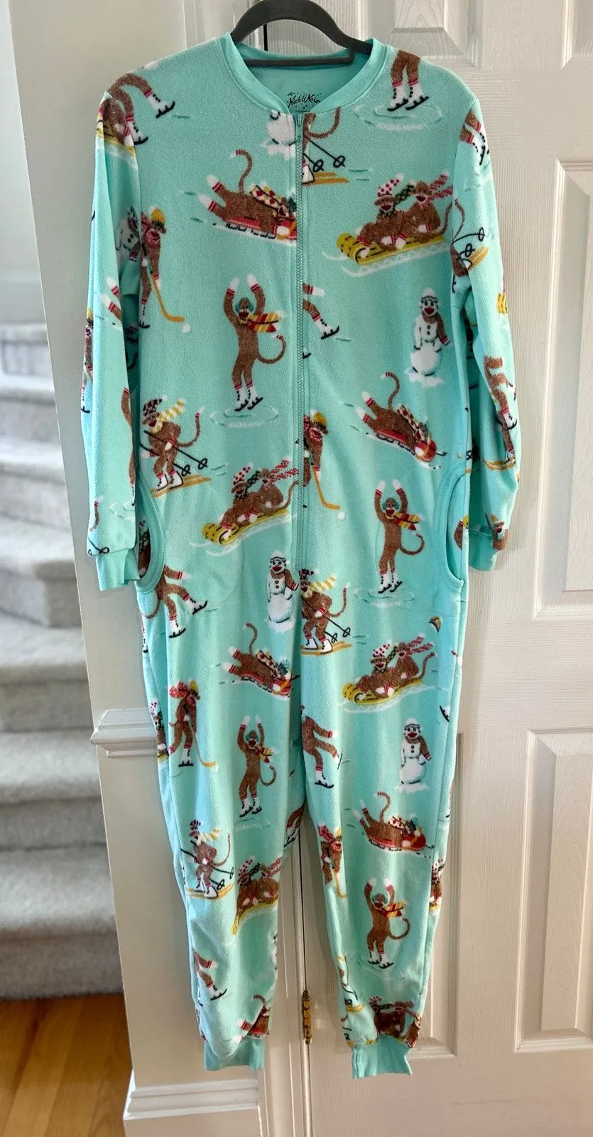 Nick & Nora Mint Green Fleece Sock Monkey Winter Sled Snowman One Piece Pajama