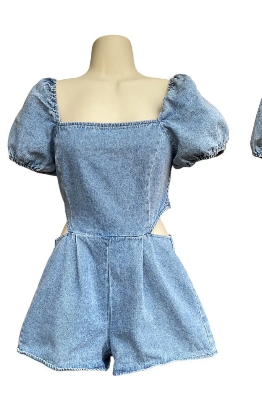 Y2K Festival Summer square neck puff sleeve cut out waist Denim Romper size S
