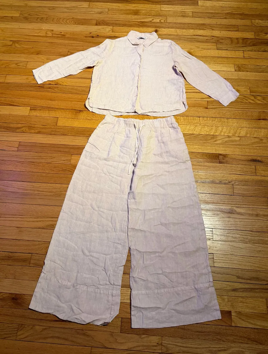 NWOT Zara linen button shirt/trousers lounge matching set wide pants coord
