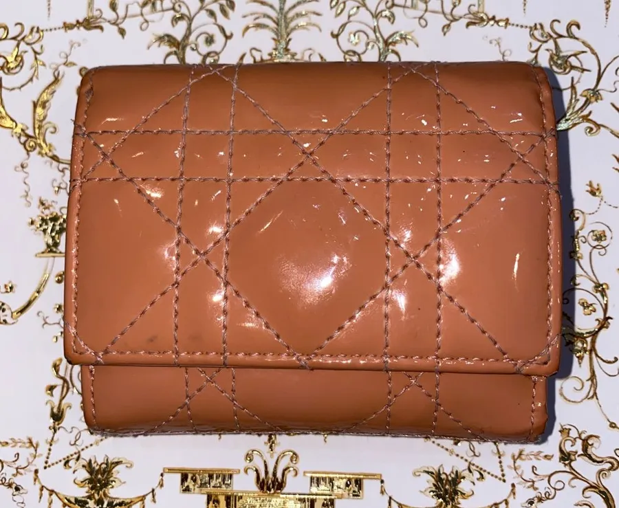 Lady Dior Lotus Quilted Patent Leather Cannage Wallet in Peachy Pink