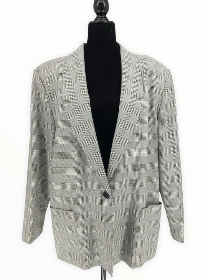 80’s Vintage Haberdashery Lined Black White Blue Houndstooth Blazer Long Sleeve Size 1X