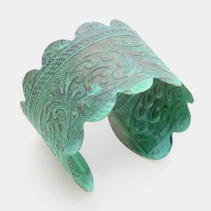 Brand New Womens Boutique Antique Filigree Pattern Metal Cuff Bracelet Green