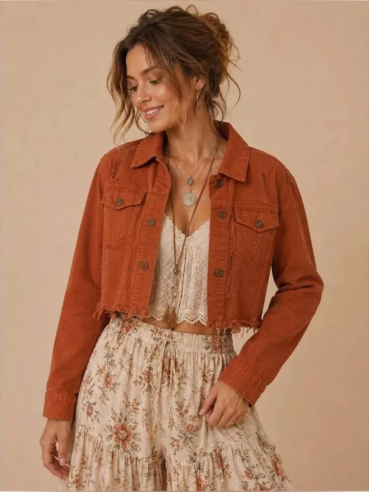 $69 NWT Love Tree Distressed Crop Denim Jacket in Rust/terracotta L