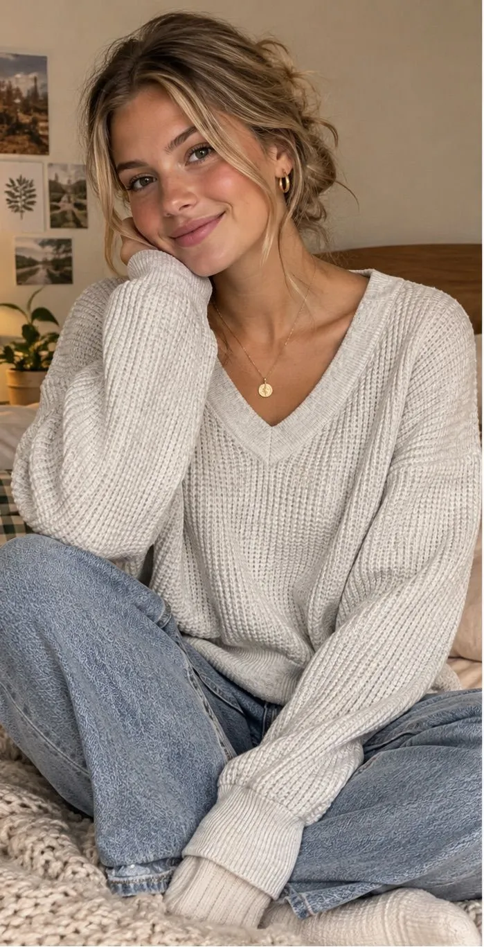 American Eagle Waffle Knit V-Neck Sweater Oatmeal Cream Cozy Cotton Pullover M