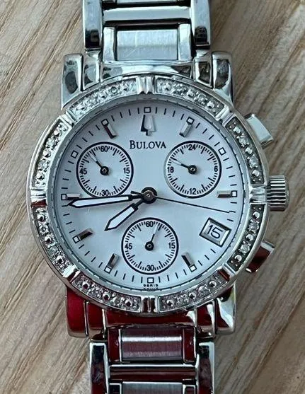 Bulova Diamonds Chronograph Ladies Watch White Dial Stainless Bracelet Date
