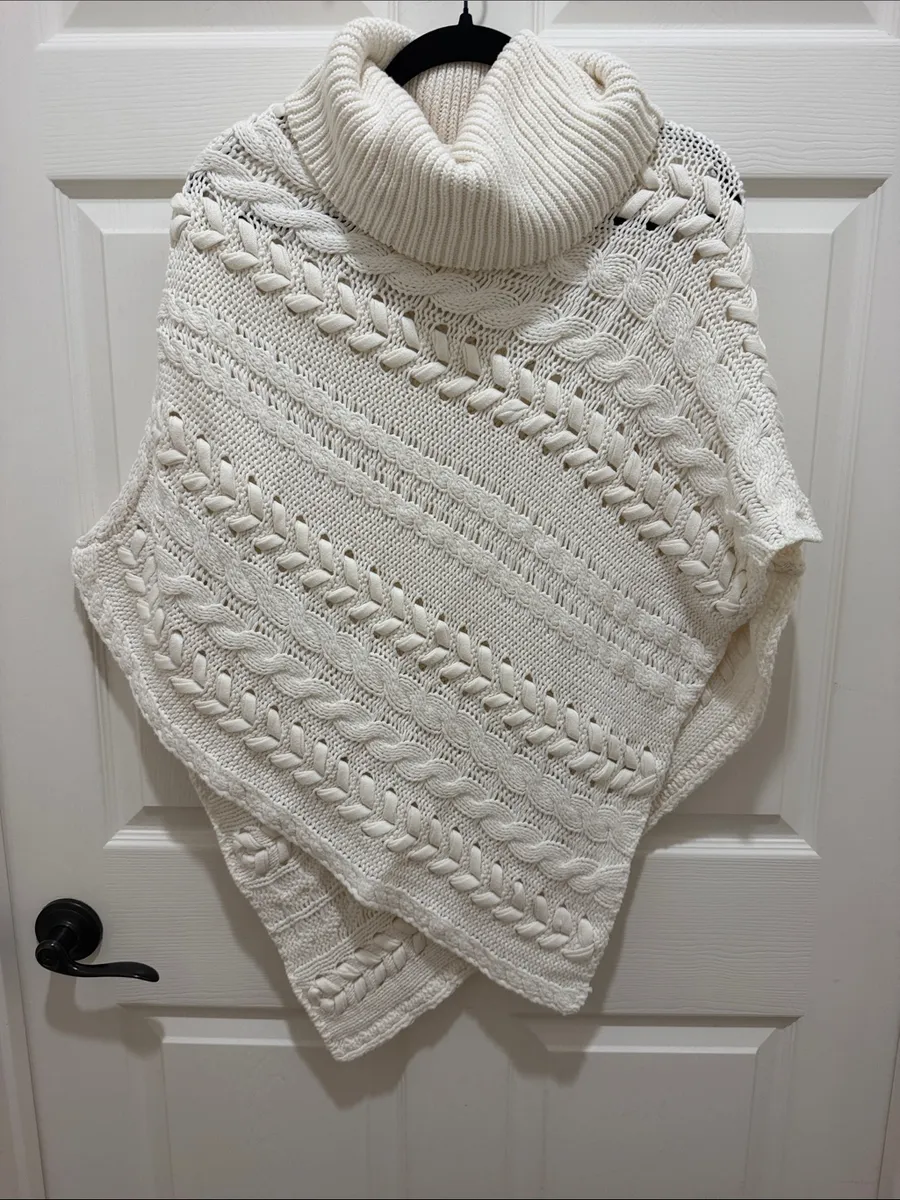 Anthropologie Cream Cable-Knit Cowl Neck Knit Poncho - XS